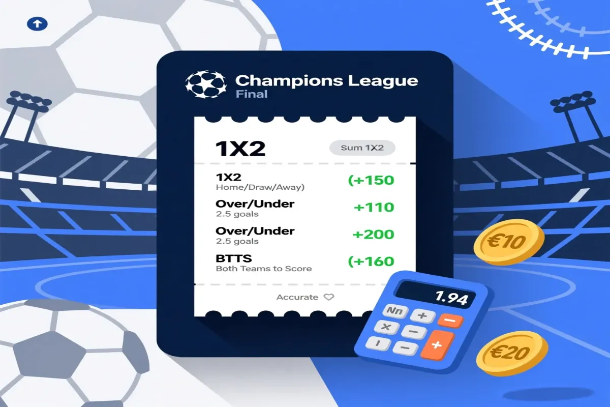 Infographic showing Champions League final betting market types including 1X2, Over Under and BTTS options