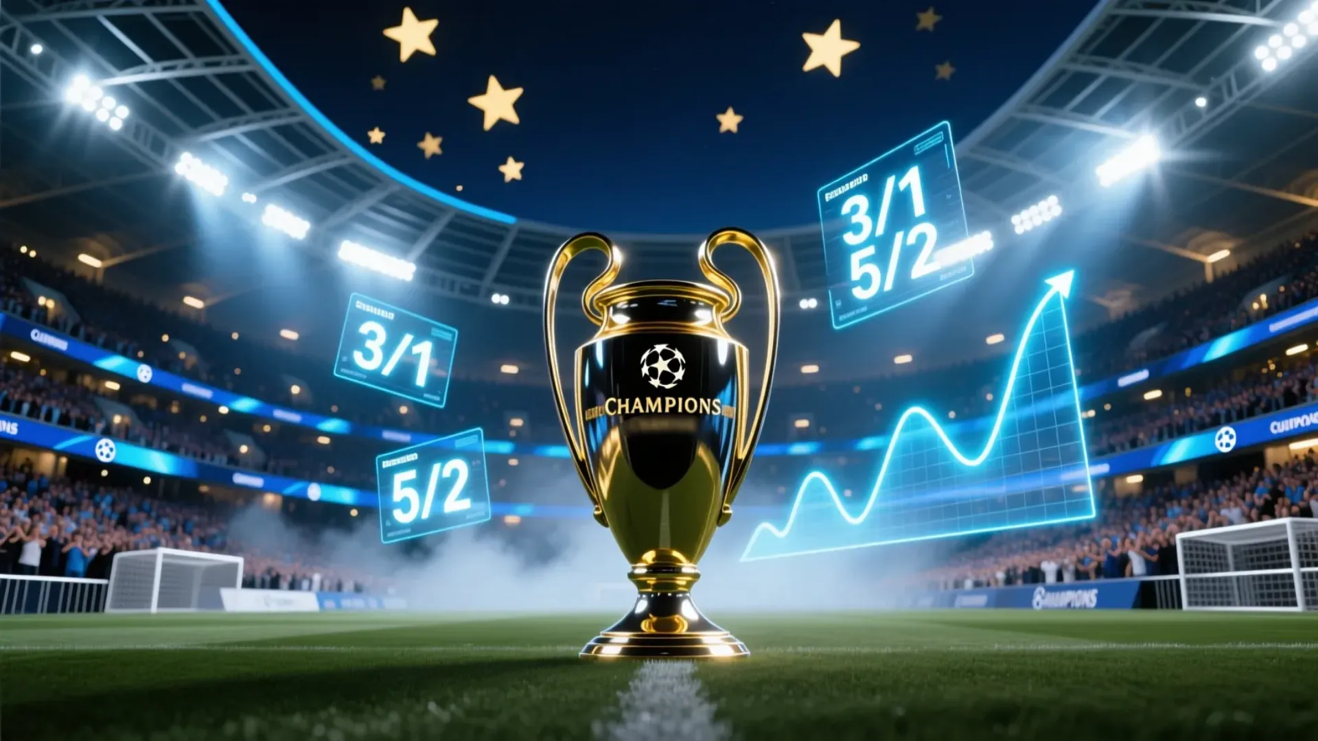 Champions League final stadium at night with trophy and betting odds visualization, dramatic lighting and packed crowd atmosphere