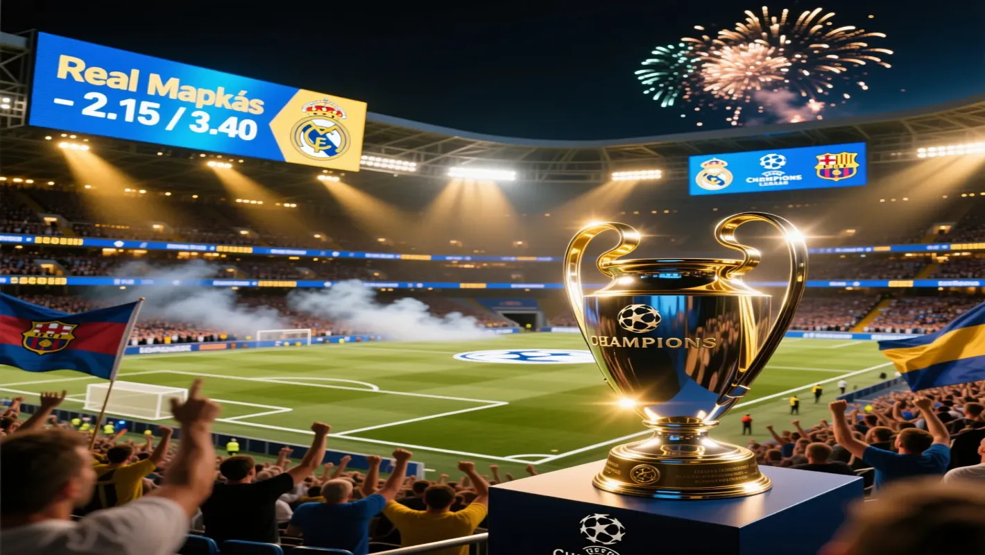 Champions League final match at Budapest Puskas Arena with UEFA trophy and betting displays
