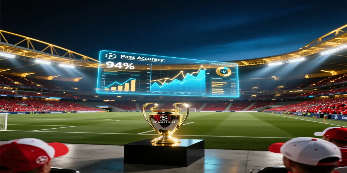 Champions League final stadium with statistical analysis overlay showing professional betting strategies