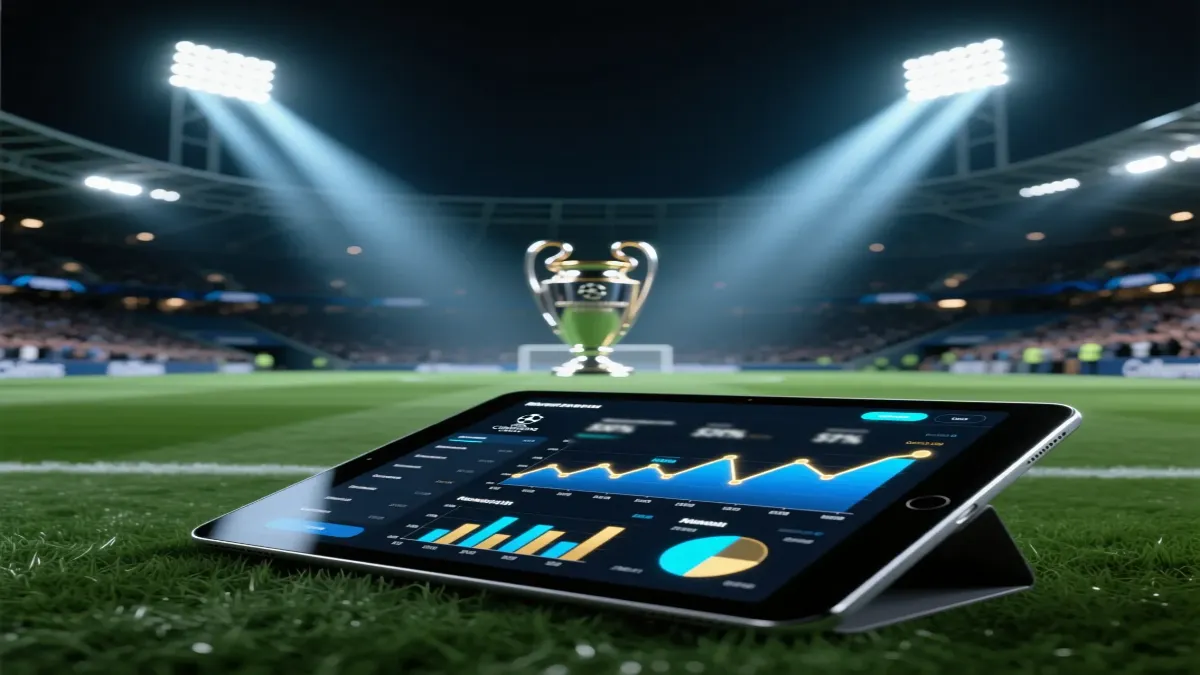 Champions League final stadium with live betting odds dashboard showing real-time market analysis