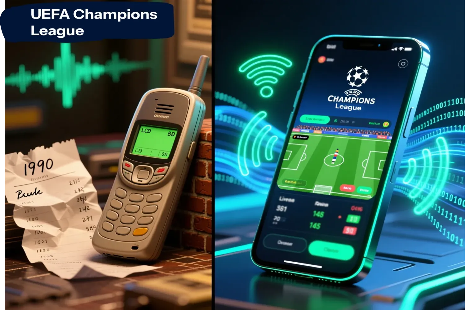 Champions League live betting technology evolution showing transformation from vintage 1990s betting slips to modern mobile app with real-time odds and 5G connectivity