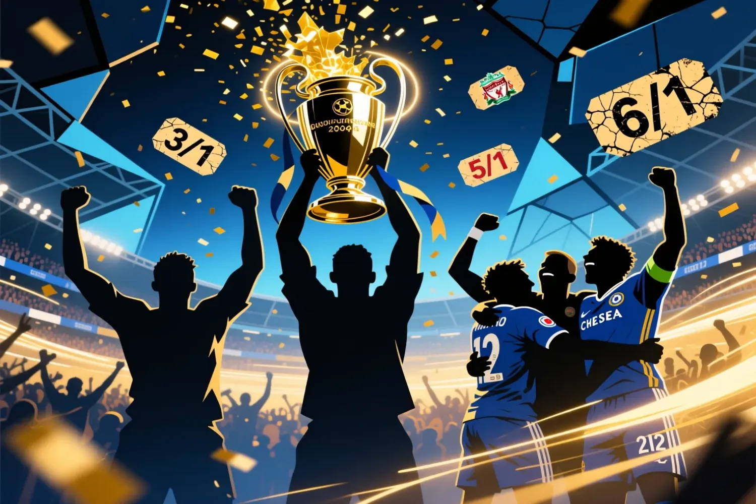 Champions League final underdog victory moments including Porto 2004, Liverpool 2005 comeback, and Chelsea 2012 triumph with betting odds visualization
