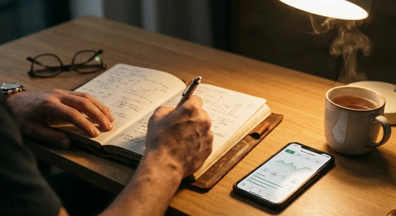 Person taking notes in a notebook while analyzing sports data