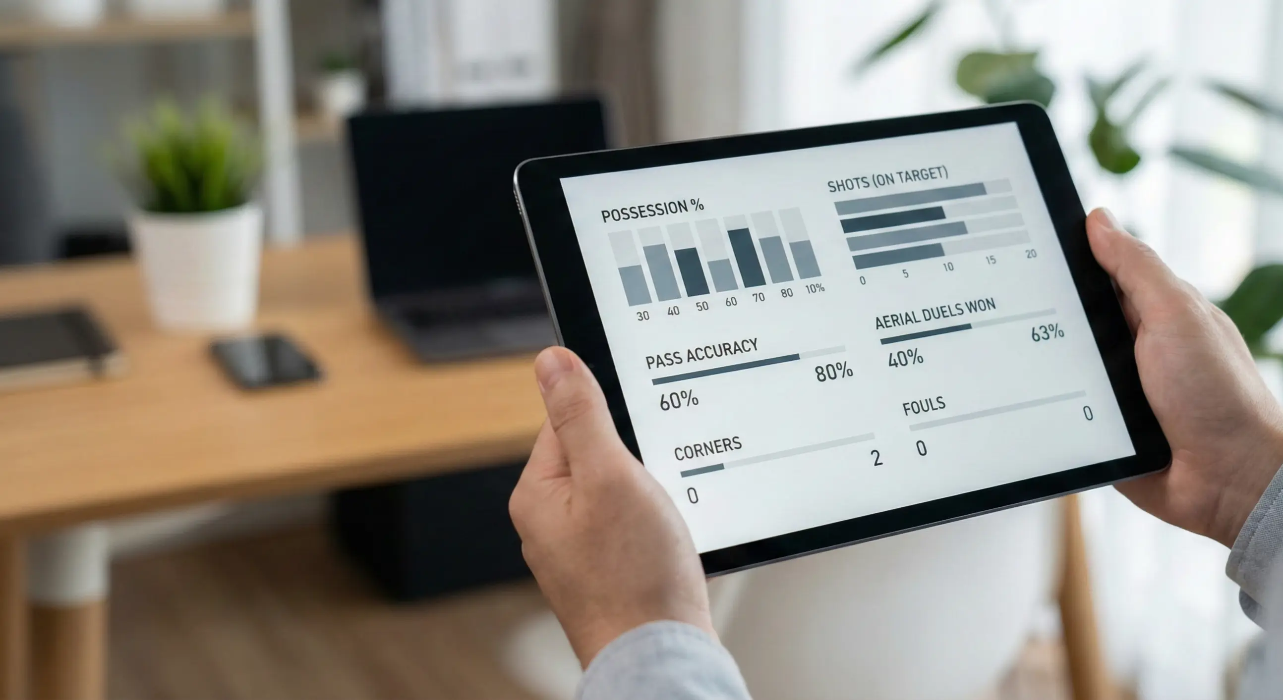 Close-up of a tablet screen showing football match statistics and data