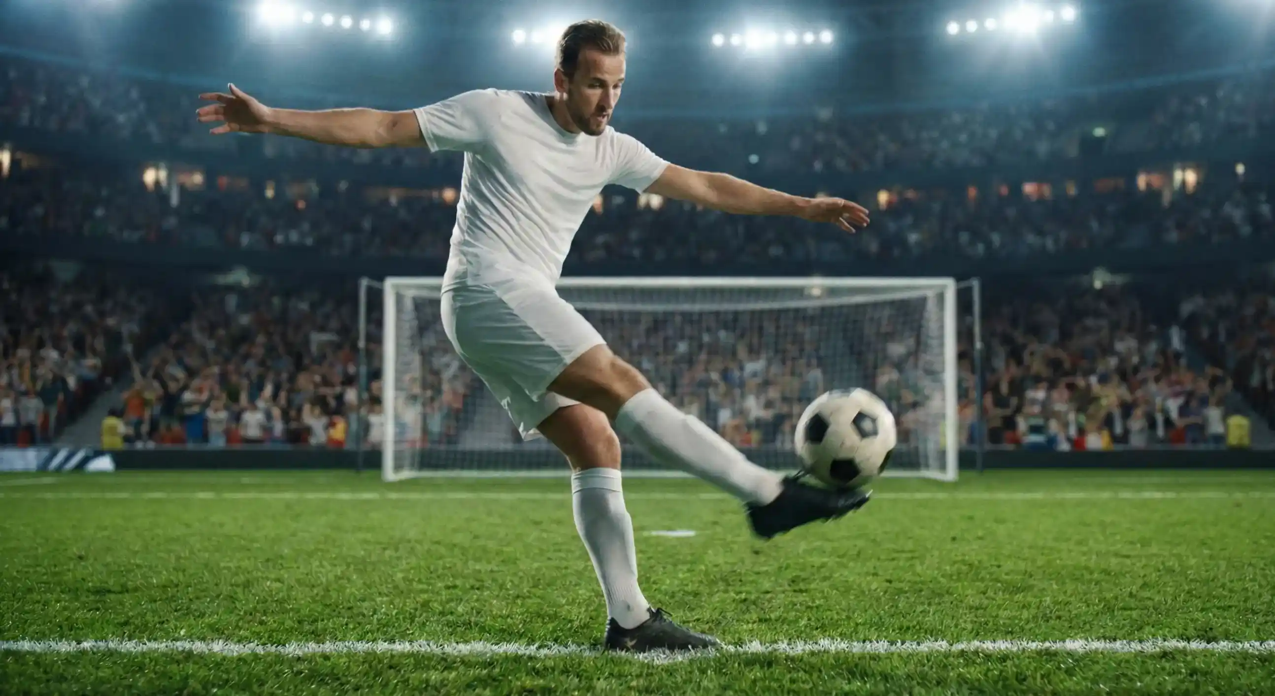 Football player striking the ball towards goal during a match