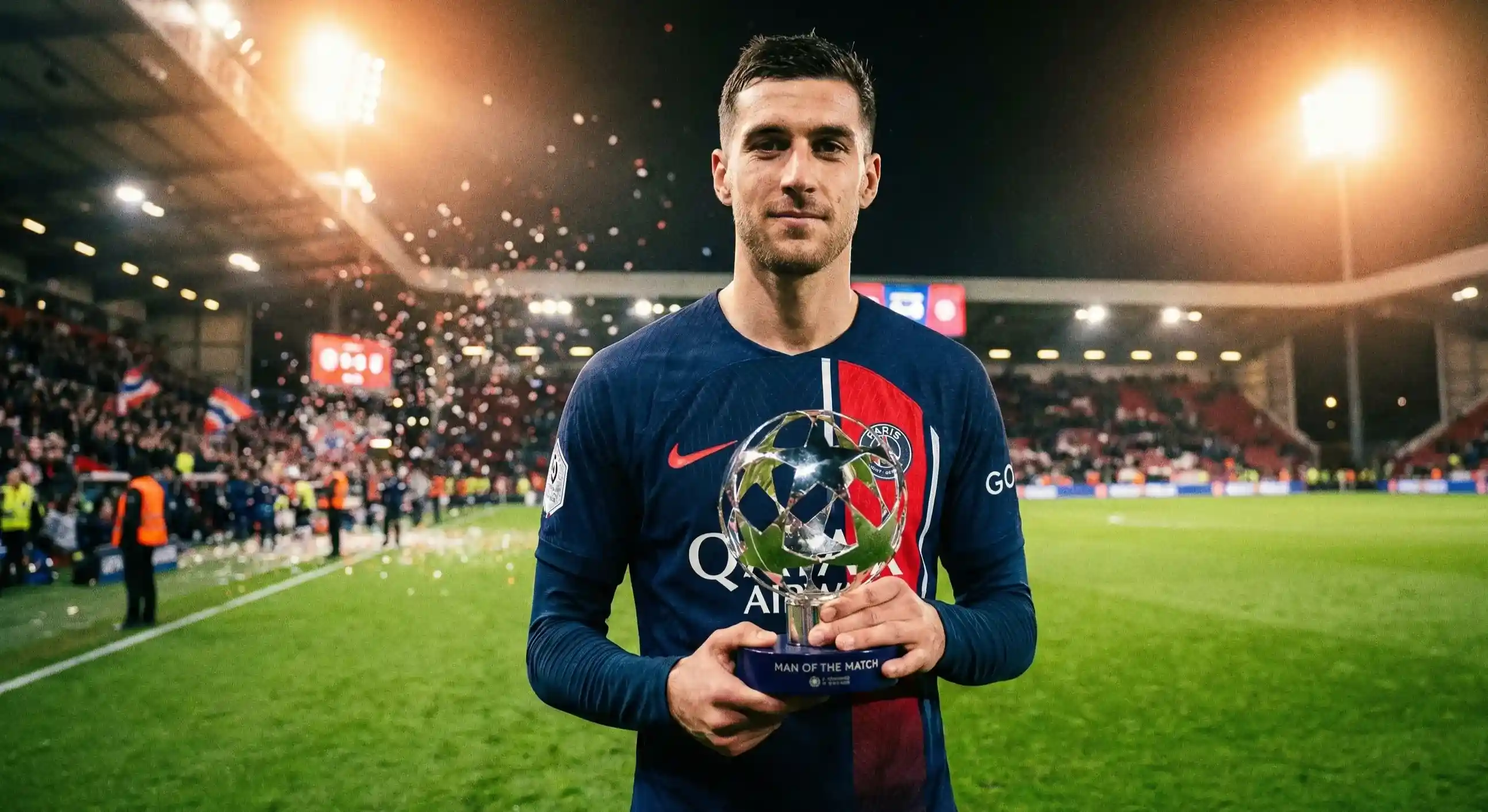 Football player holding up a trophy award on the pitch after a match