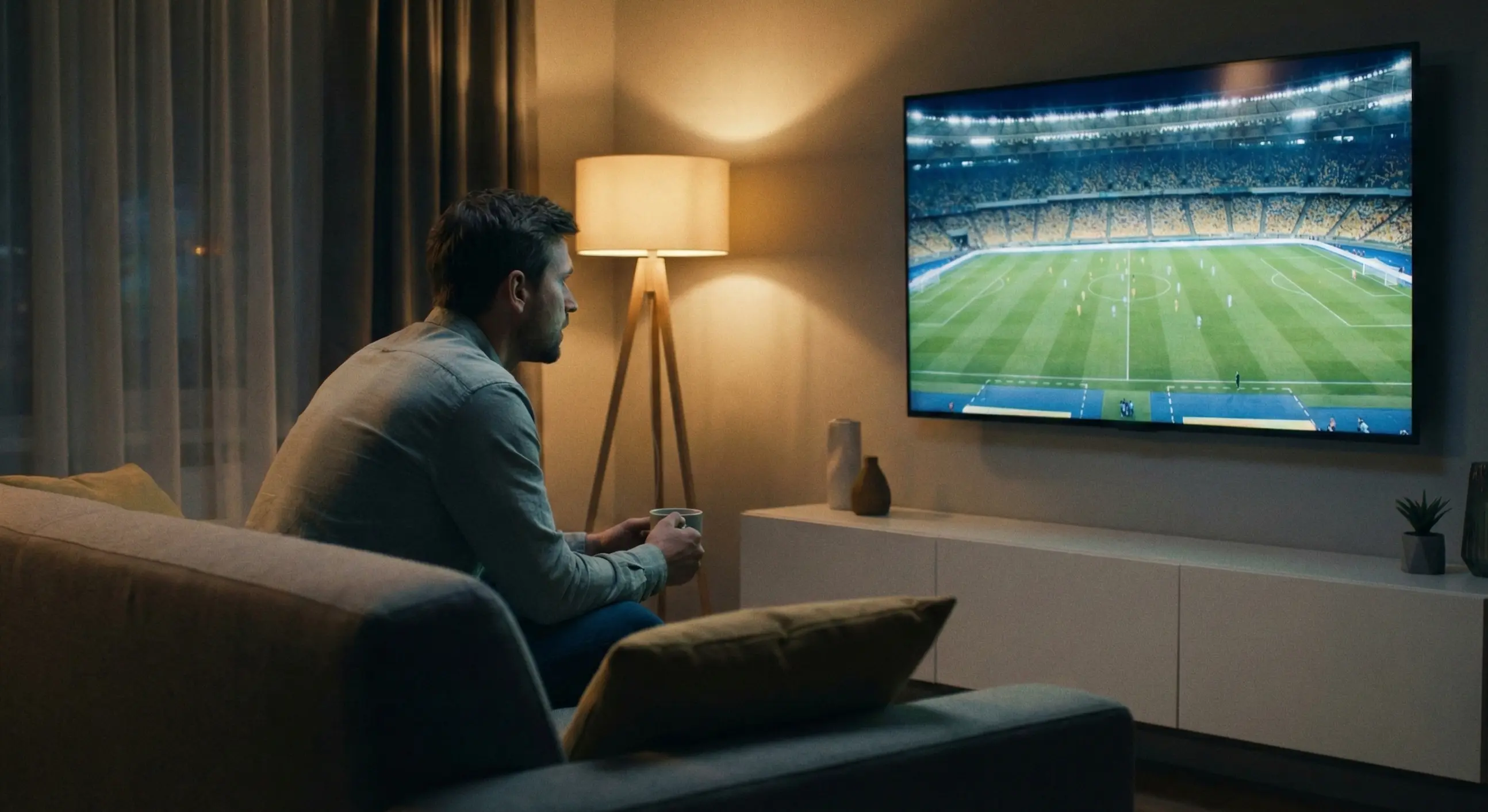 Person intensely watching a football match on television with focused attention