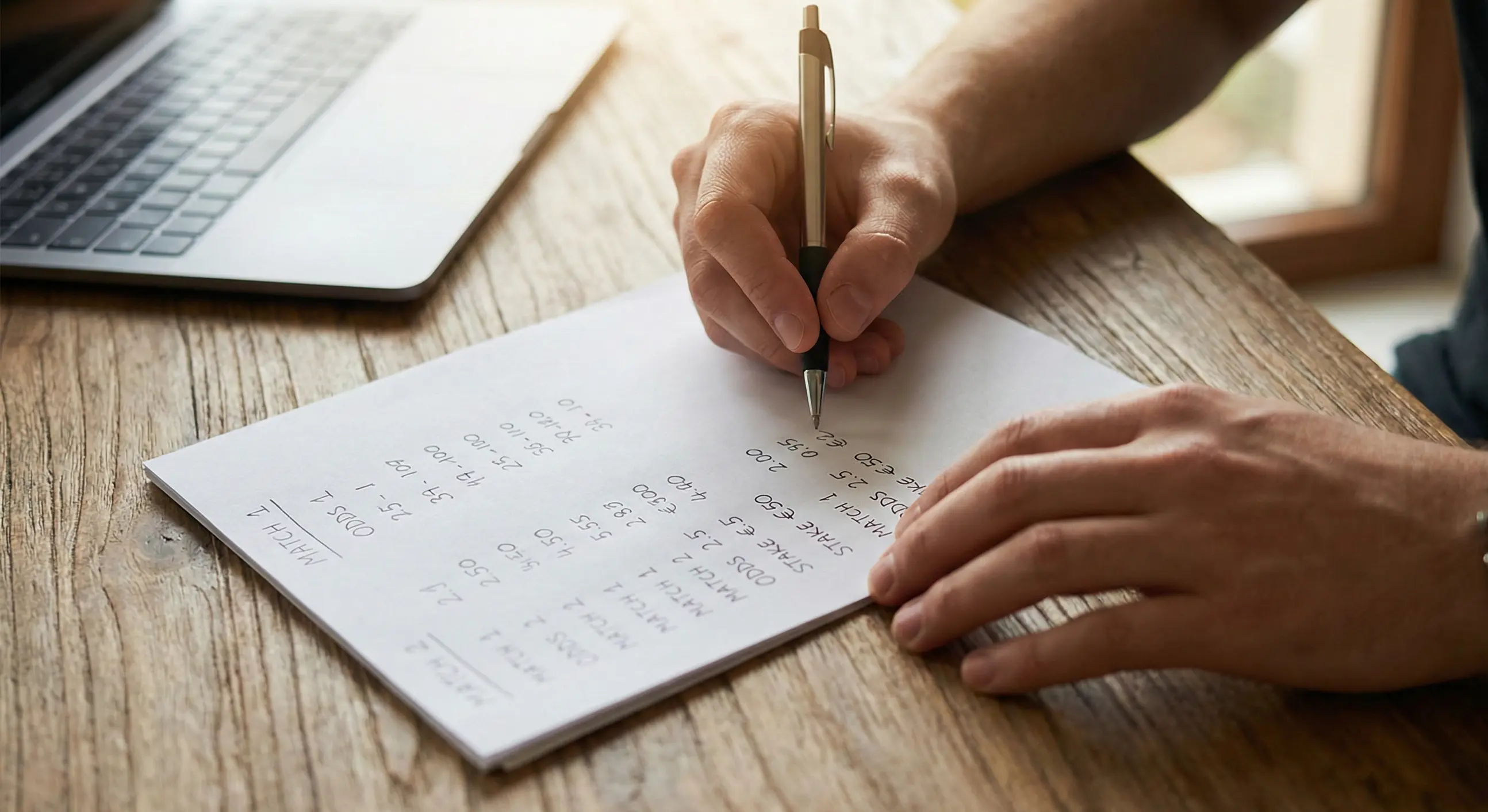 Close-up of hands using a pen to make notes on paper with numbers