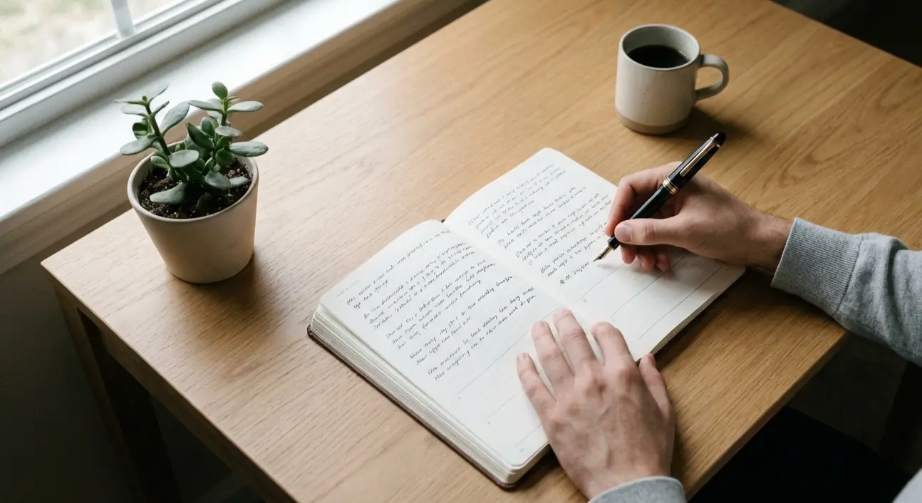 Person writing in a notebook with a pen at a clean desk