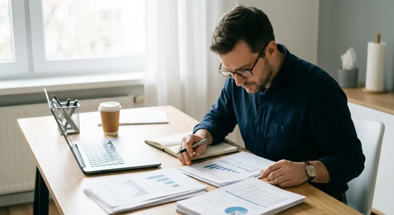 Person studying documents and data on a desk with focused concentration
