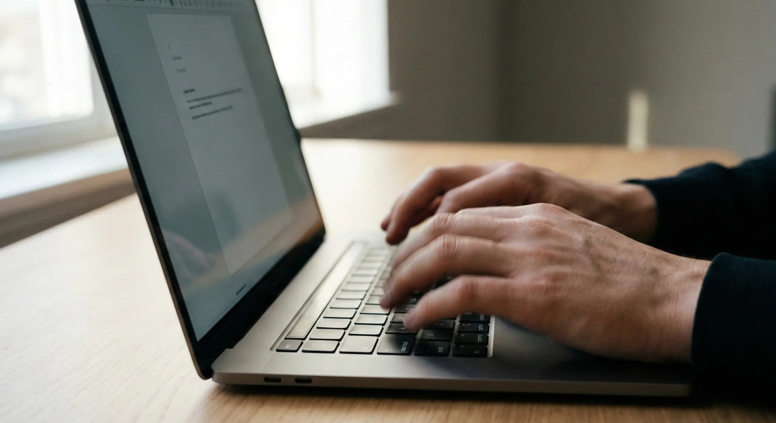 Hands typing on a laptop keyboard in a focused work environment