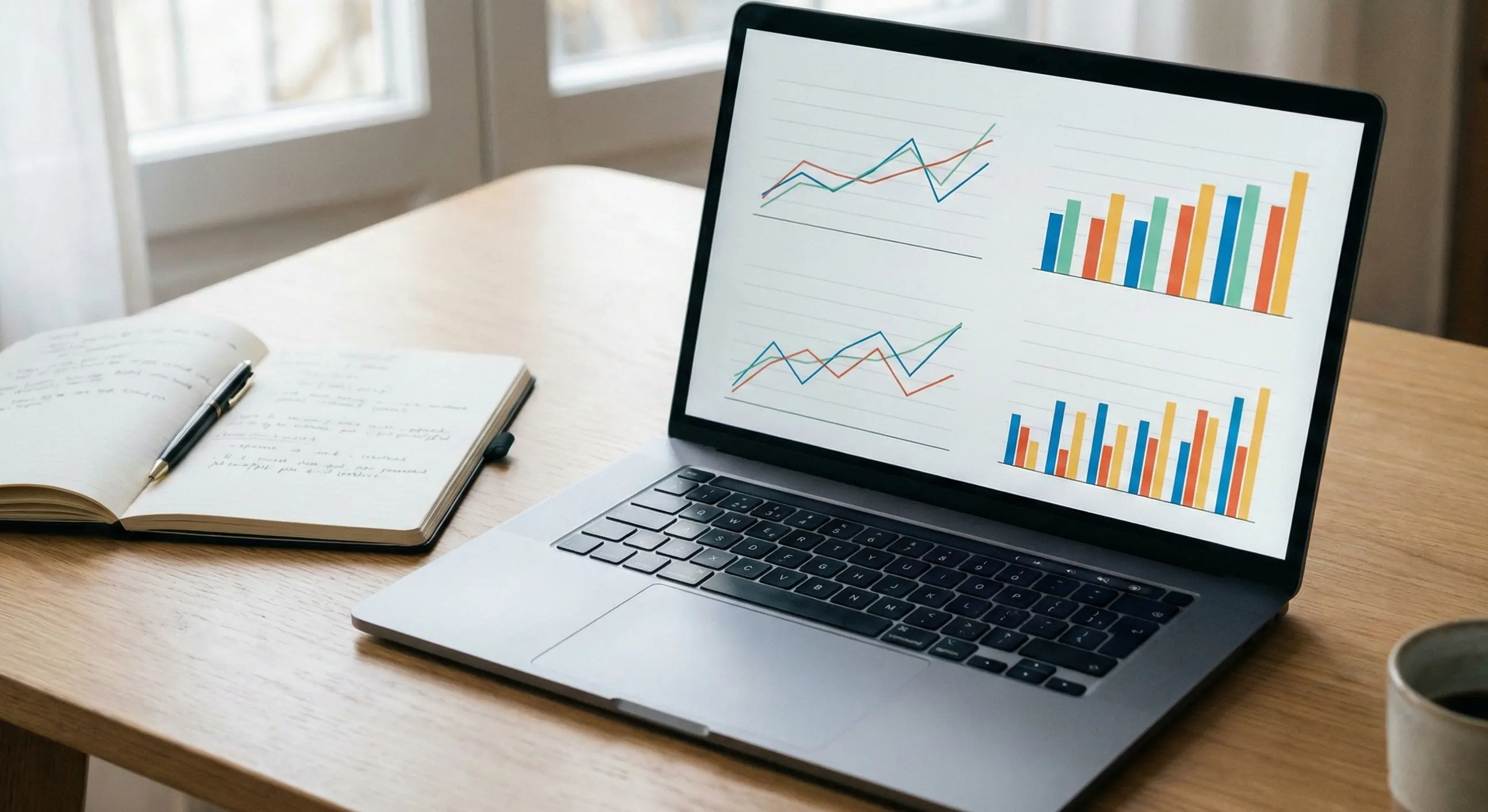 Laptop screen showing data and graphs with a notebook beside it