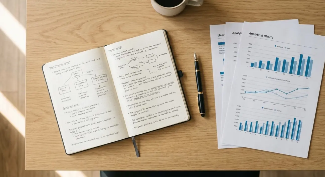 Organized desk with notebook, pen and documents showing systematic planning
