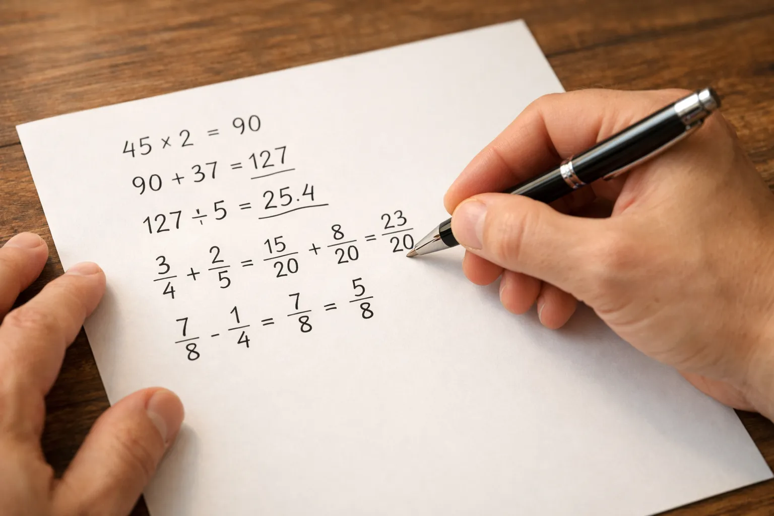 Hands writing mathematical calculations on paper with a pen