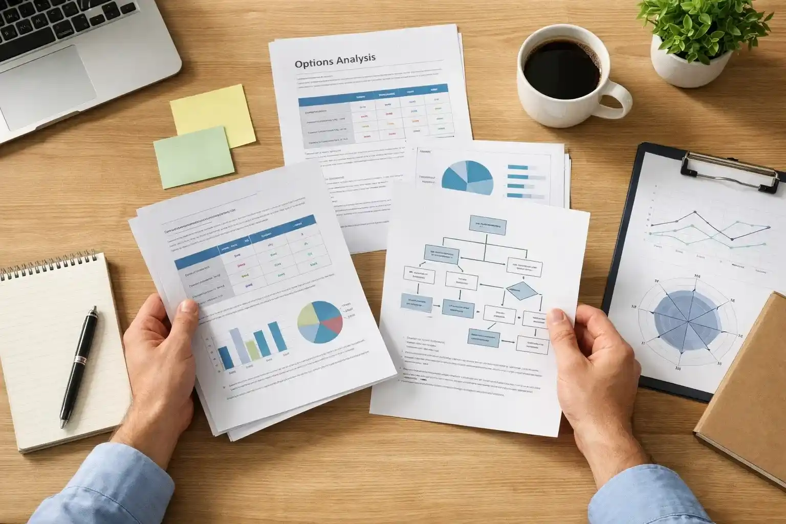 Person reviewing multiple documents spread across a desk