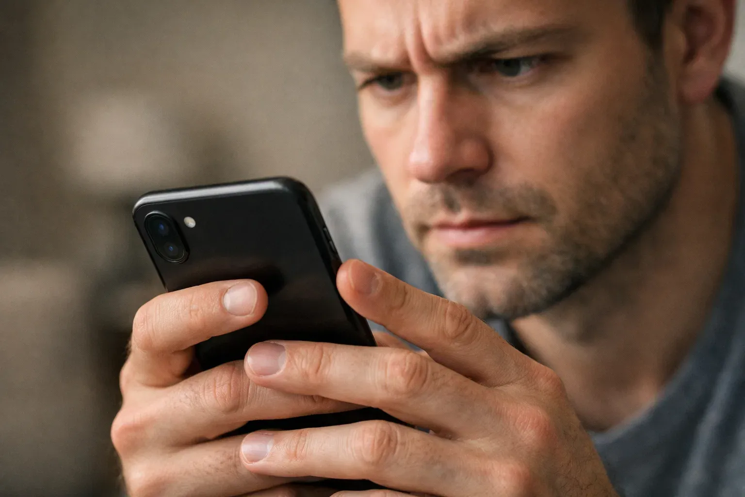 Person looking intently at a smartphone screen