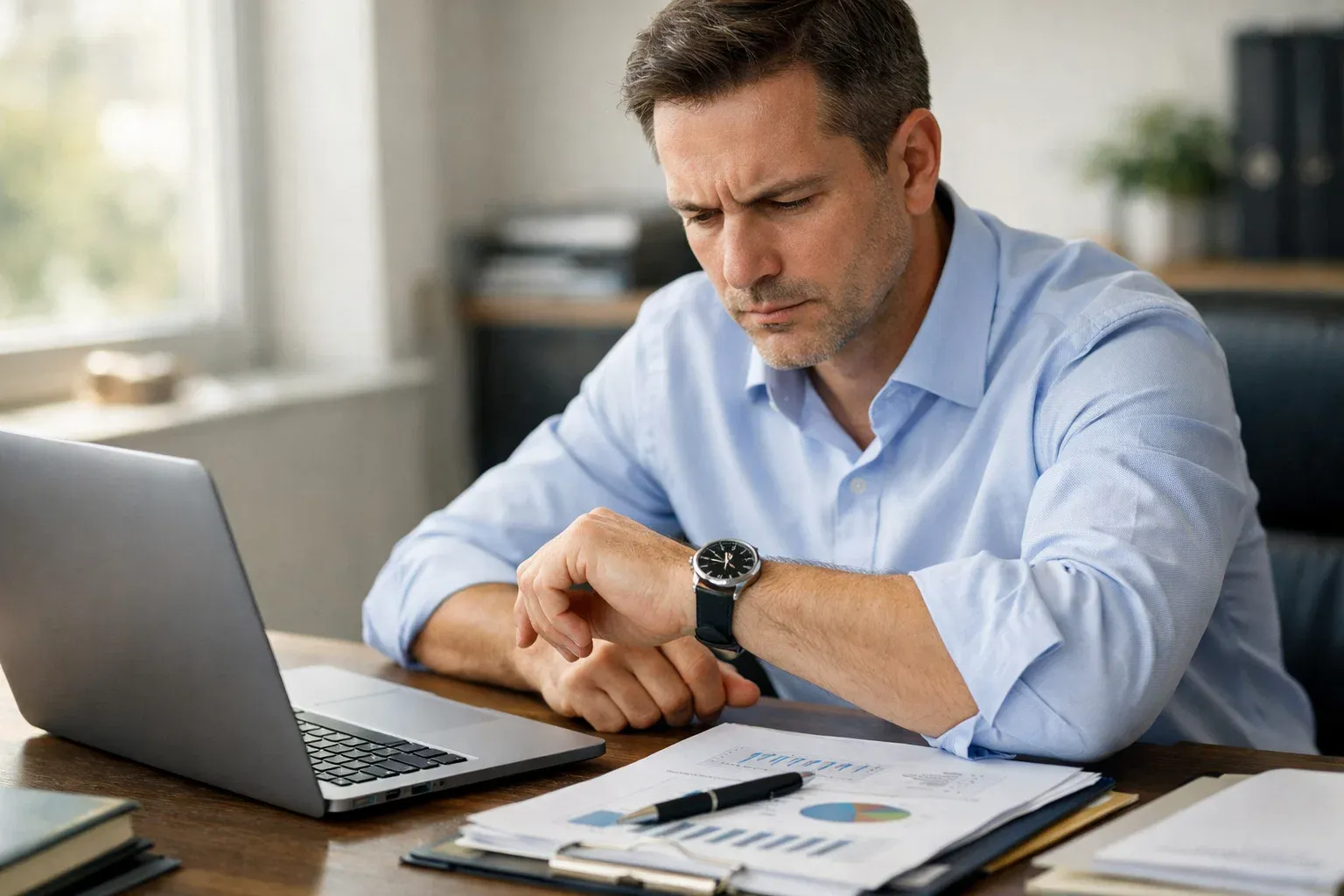 Person checking their watch while working at a desk