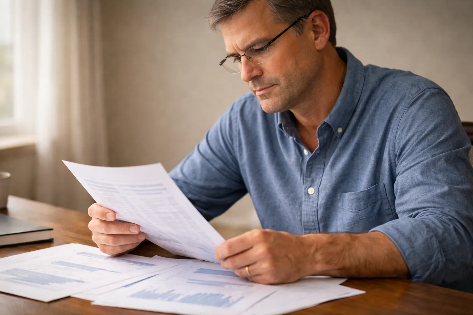 Person thoughtfully examining a document with reading glasses
