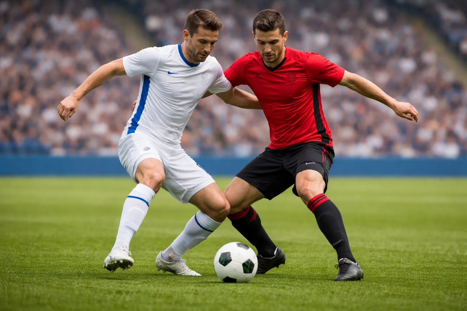 Football players in midfield battle during a tense match