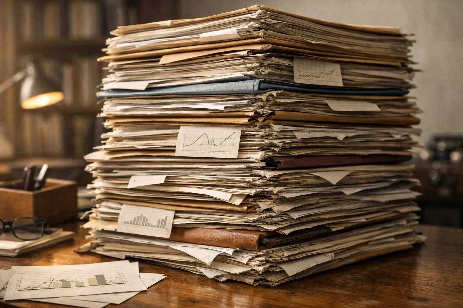Stacked documents and papers representing years of accumulated data
