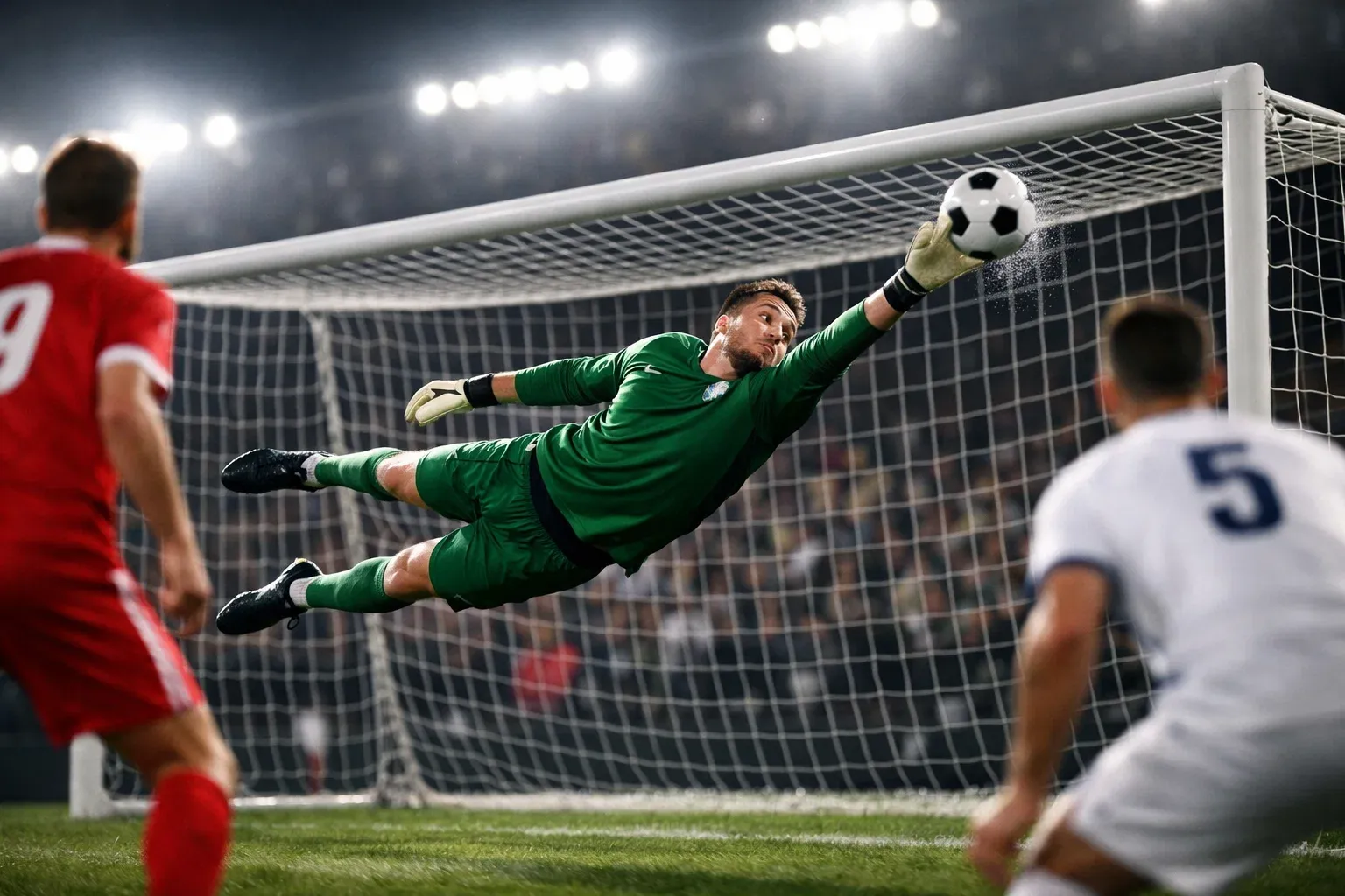 Goalkeeper diving to make a crucial save during a football match