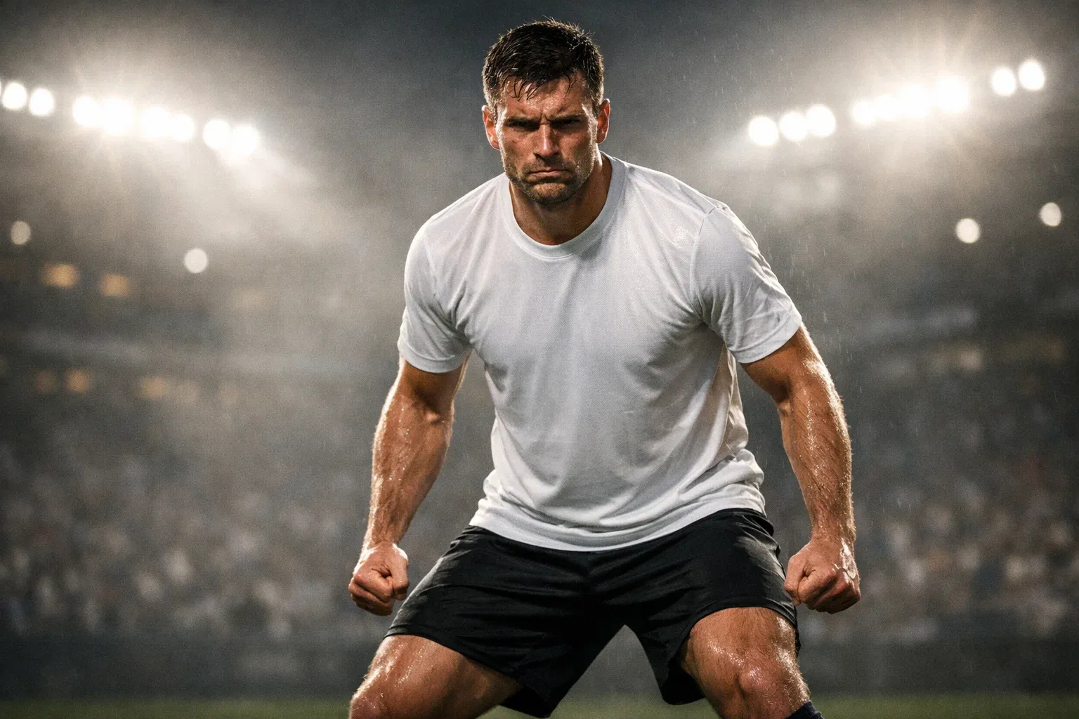 Football player showing intense determination and focus during a match