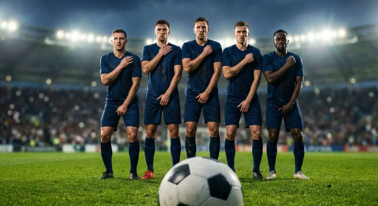 Football players forming a defensive wall during a free kick