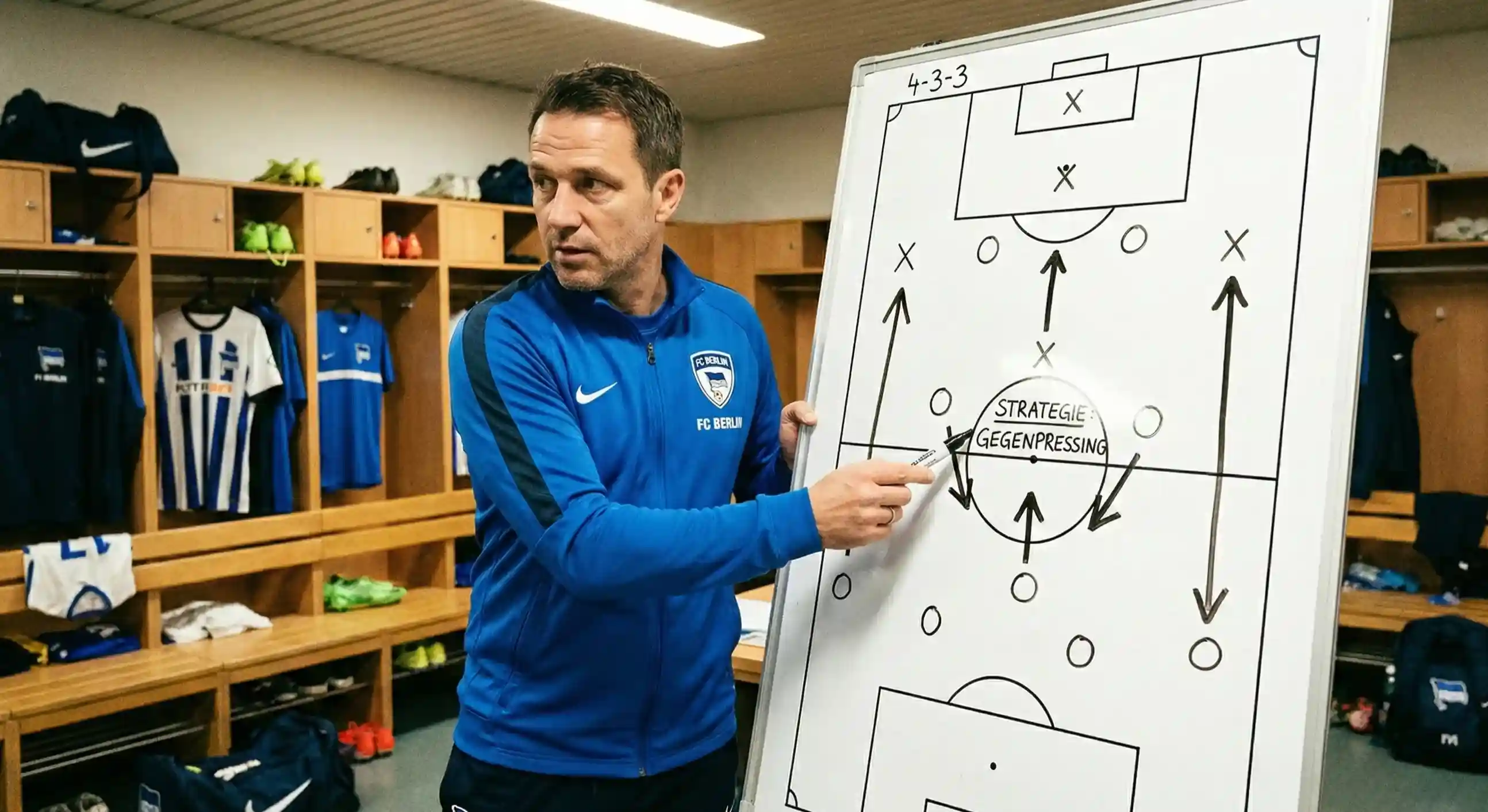 Coach pointing at a tactics board with football formation diagrams