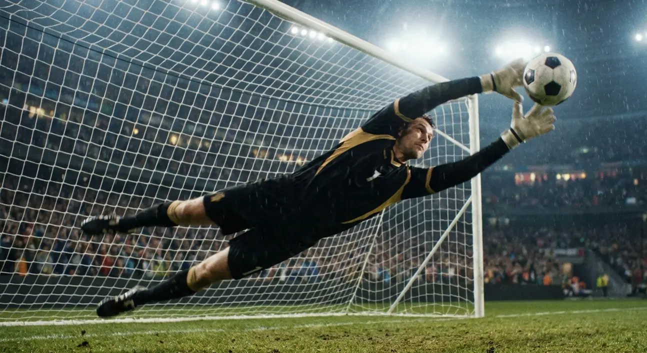 Goalkeeper diving to make a save during a night football match
