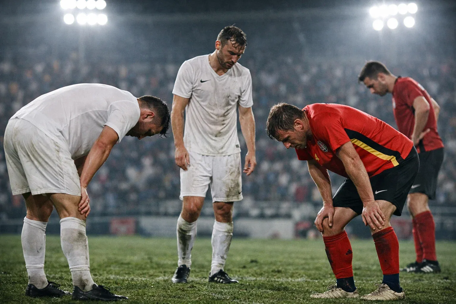 Tired football players during extra time of an intense match