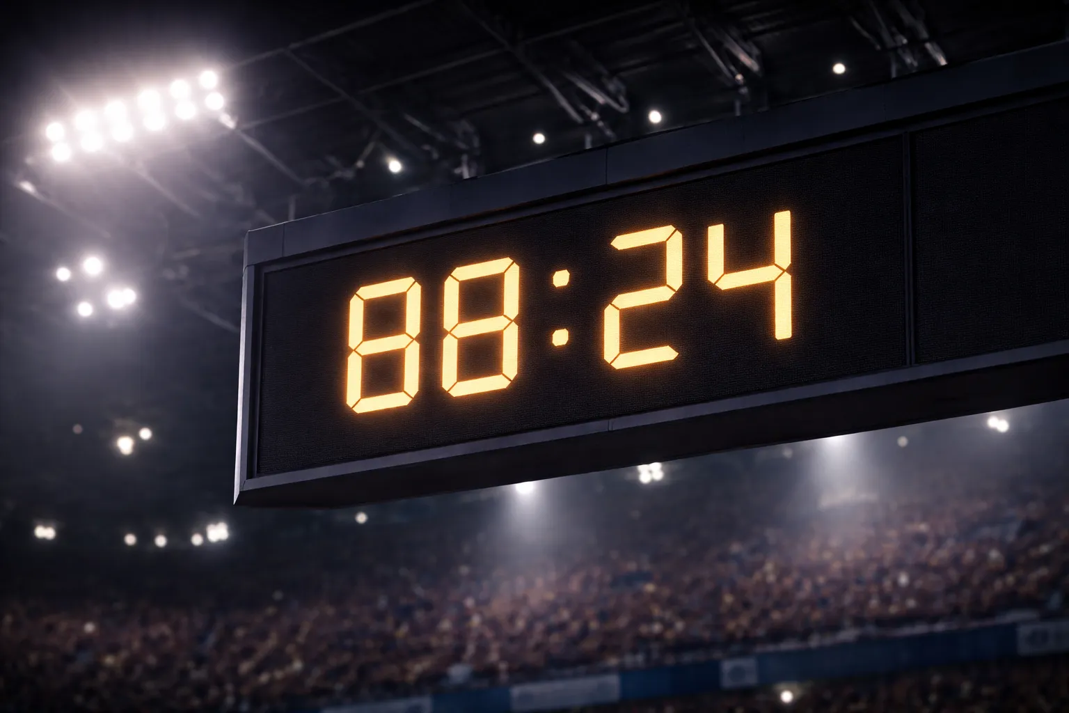 Stadium clock showing late match time during a football game
