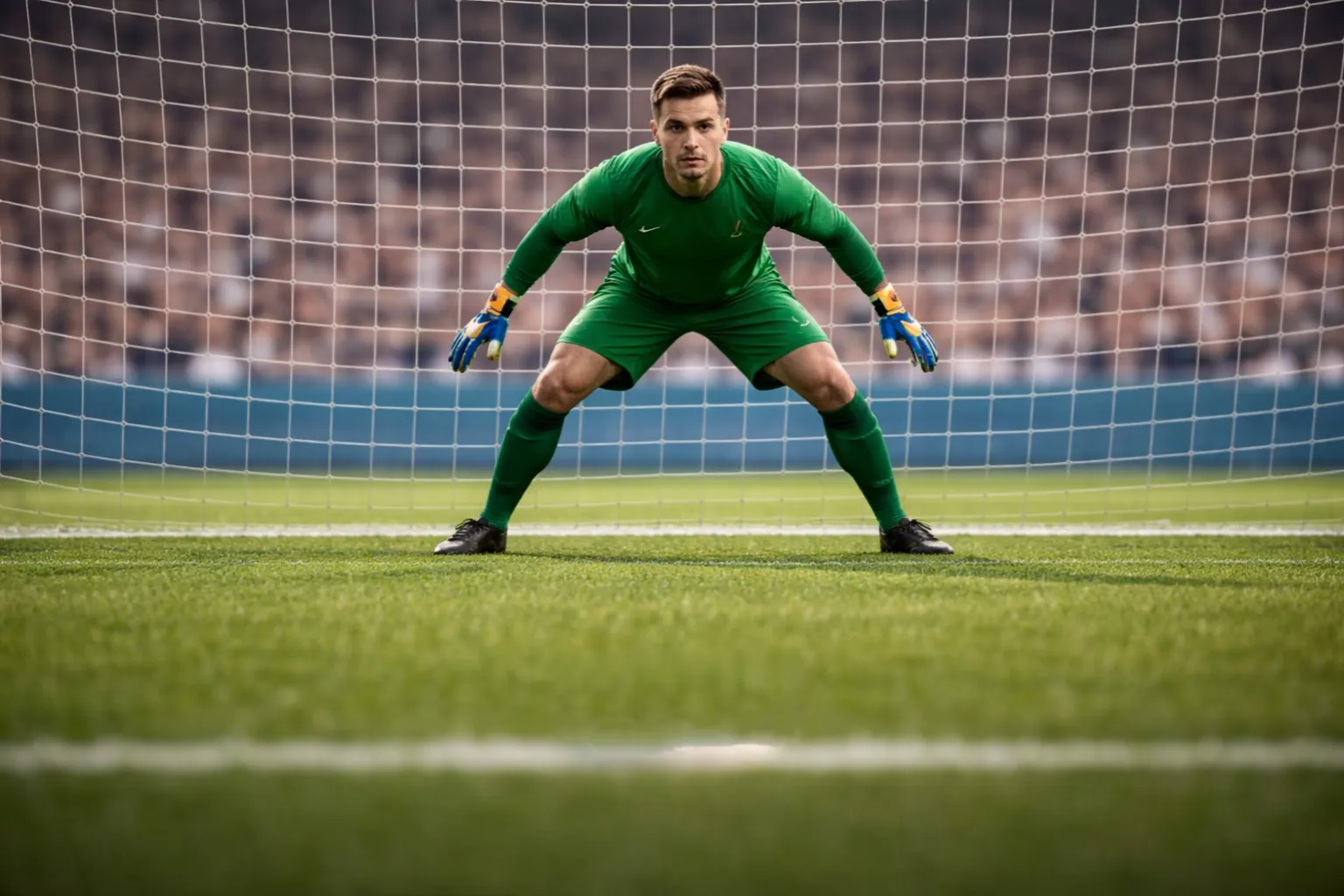 Goalkeeper preparing for a penalty kick in a high-stakes situation