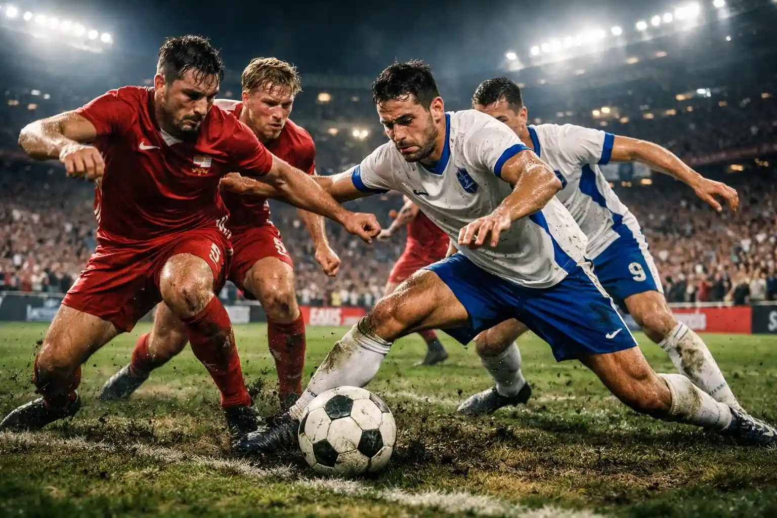 Football match in final minutes with players showing urgency and intensity