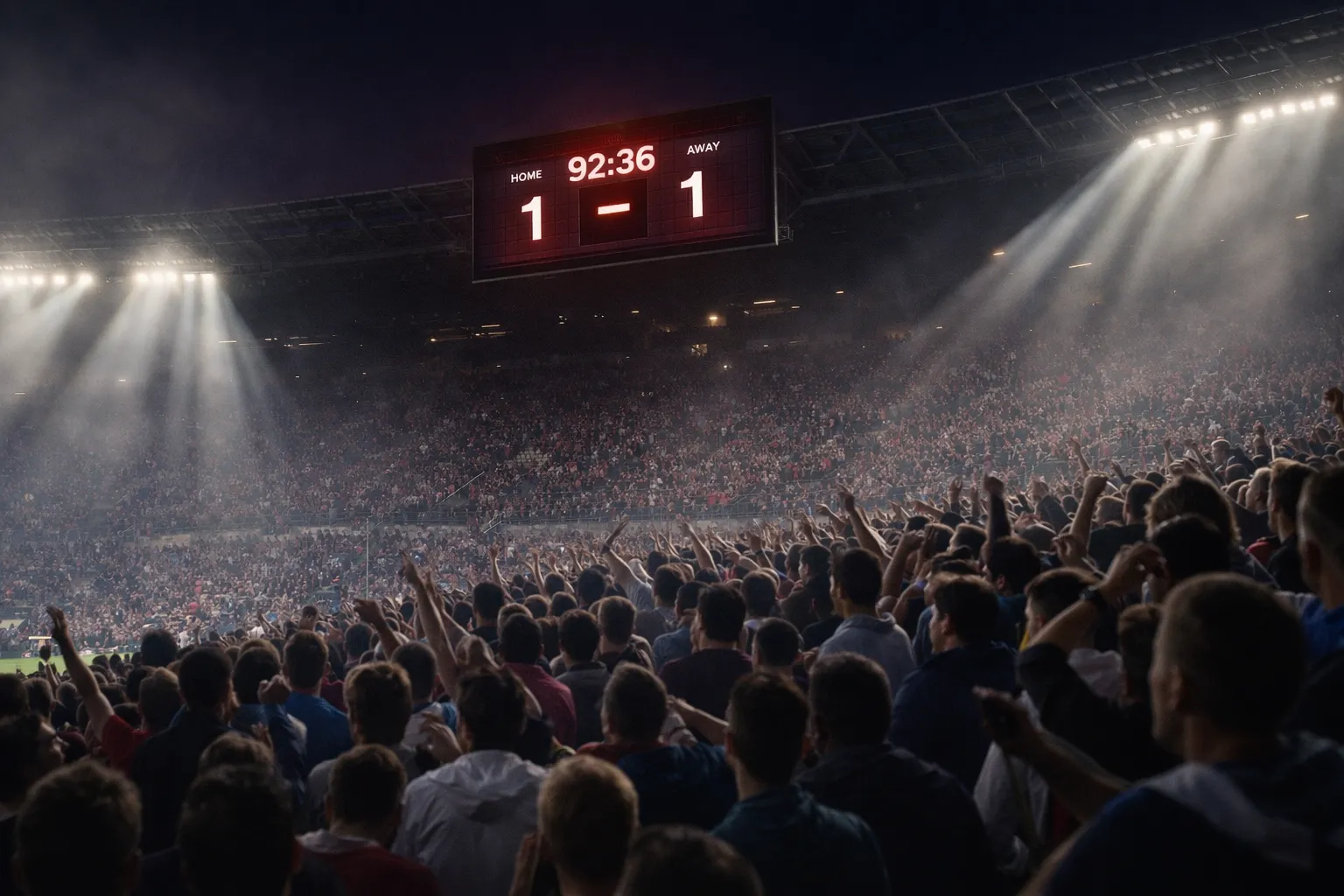 Football stadium atmosphere during tense final minutes of a match