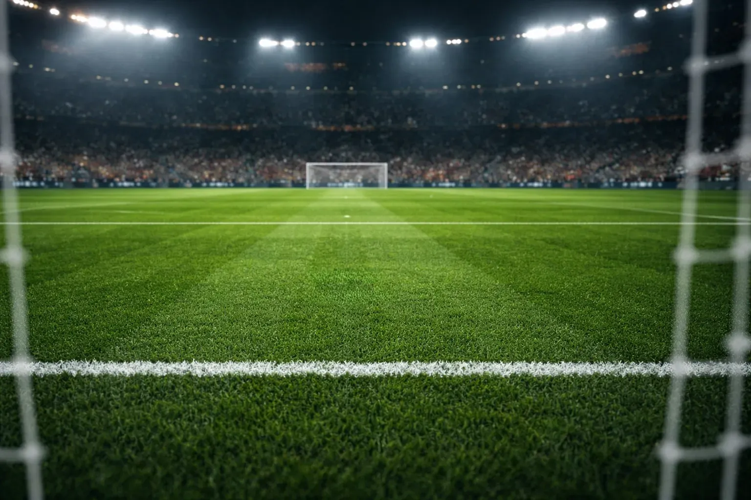 Football penalty spot on a green pitch with goal visible in background