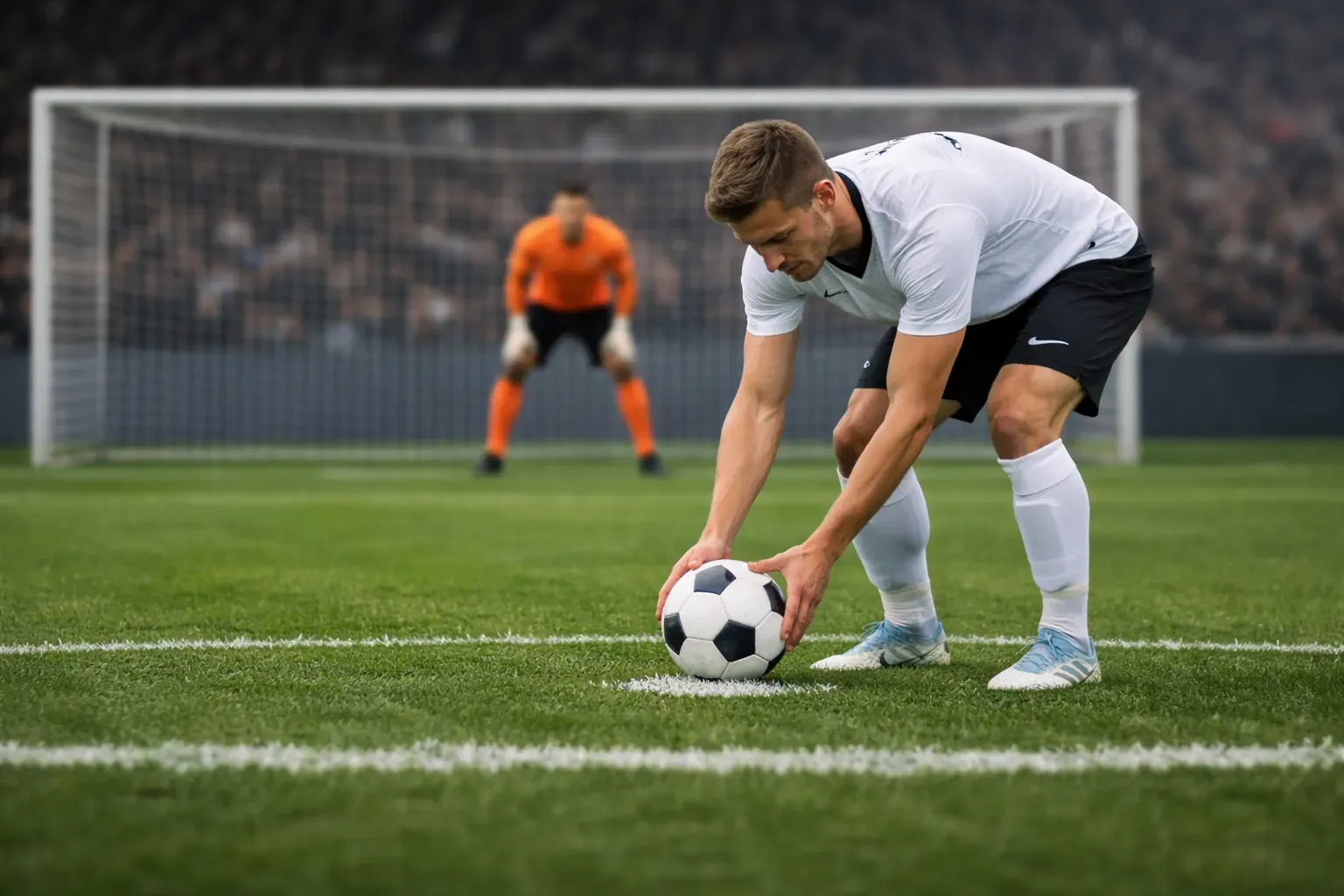 Football player placing the ball on the penalty spot preparing to take a kick