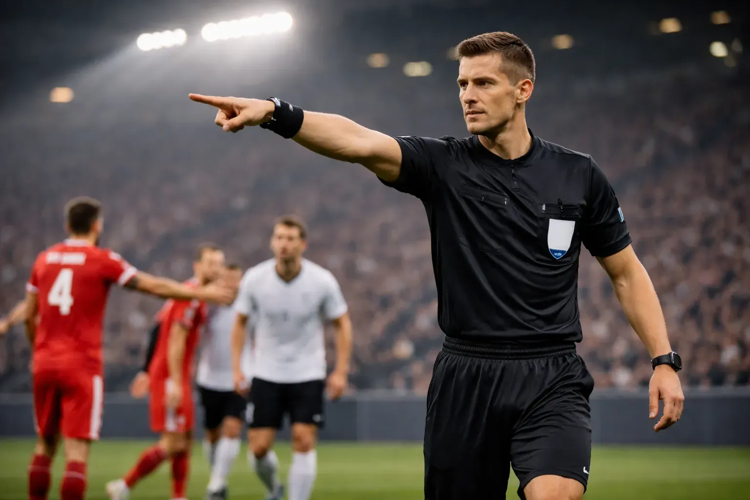 Football referee pointing to the penalty spot during a match