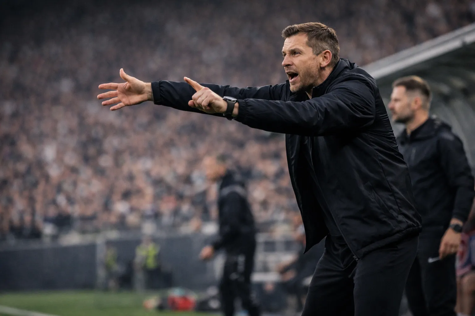Football manager gesturing and giving tactical instructions from the technical area