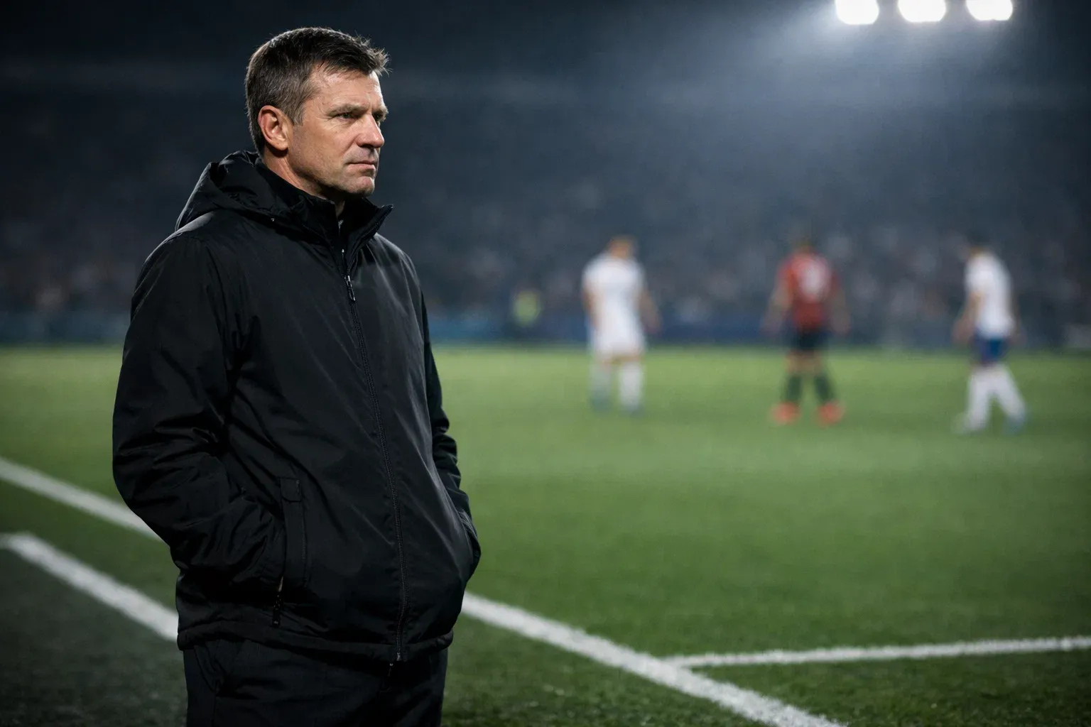 Football manager on the sideline watching the match with intense concentration