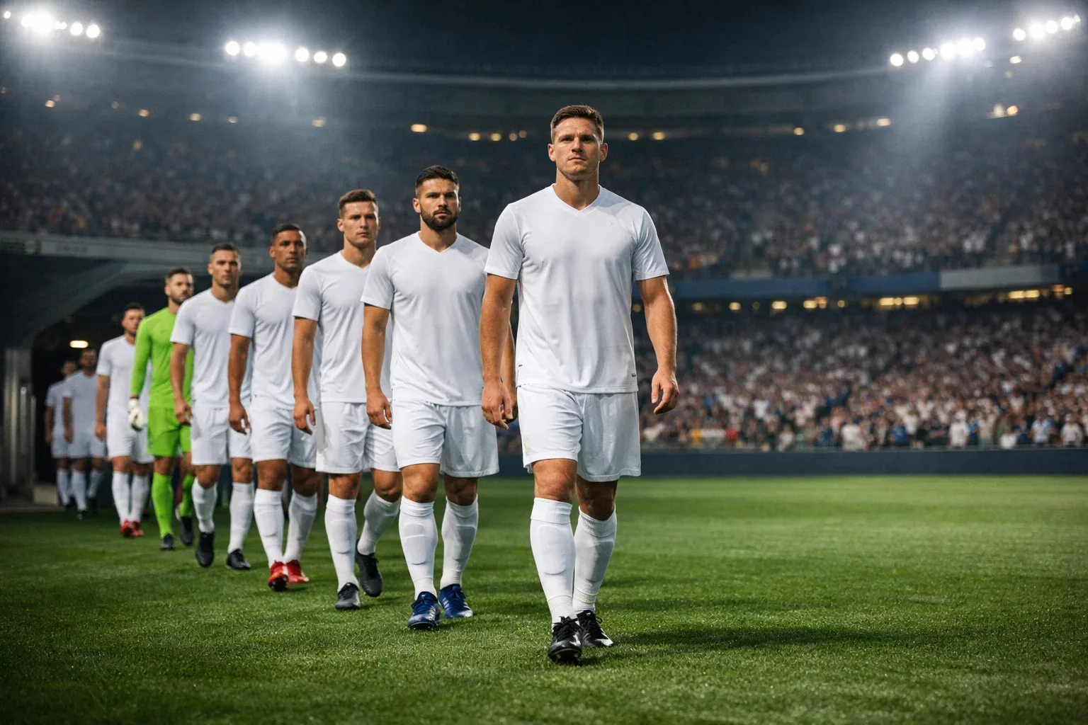 Confident football team walking onto pitch before a major match