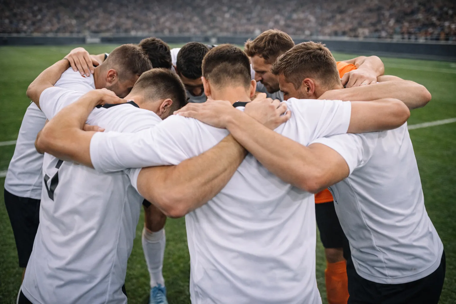 Football team in focused pre-match huddle showing unity and concentration