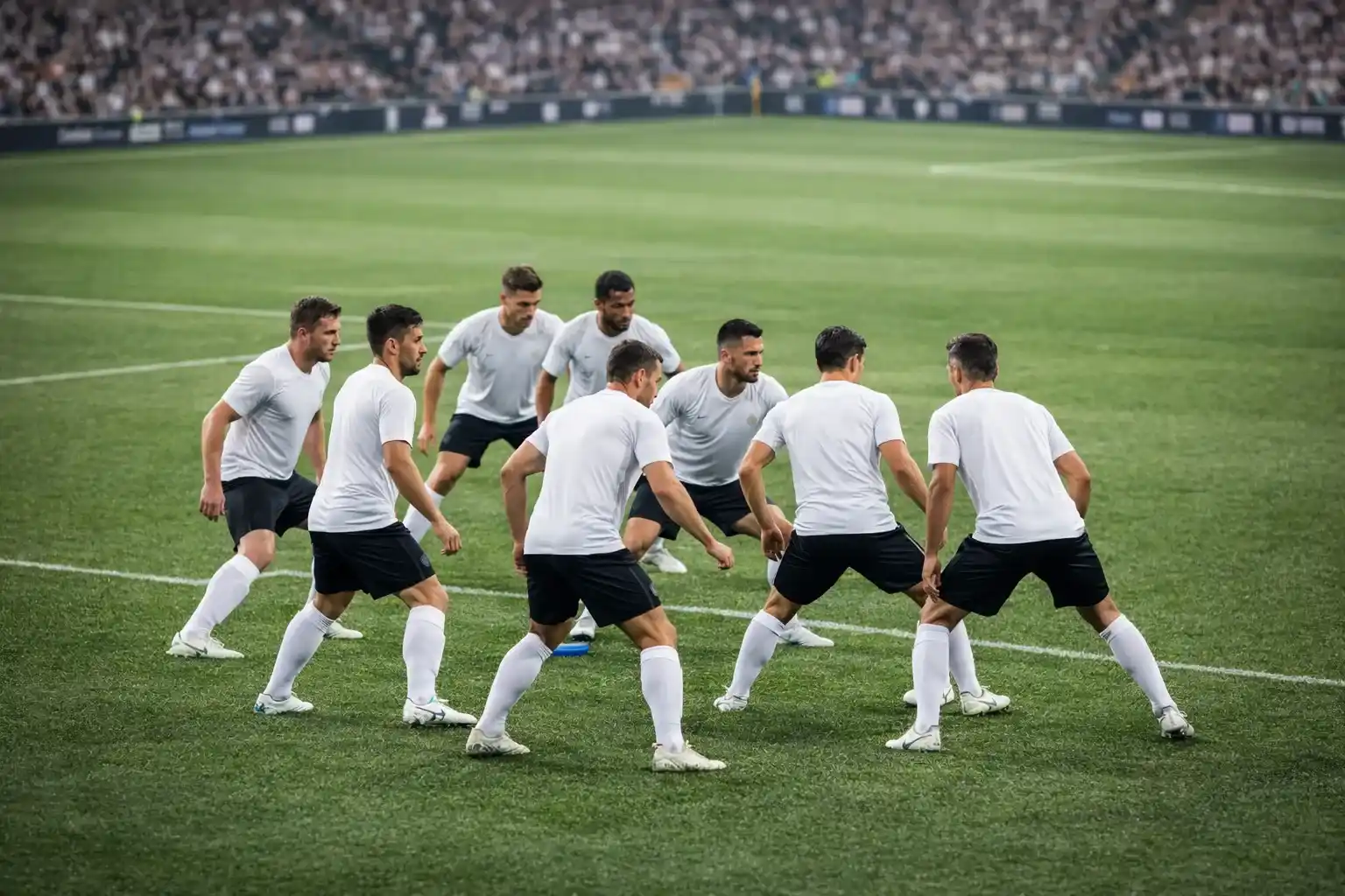 Football team maintaining compact defensive shape during a match