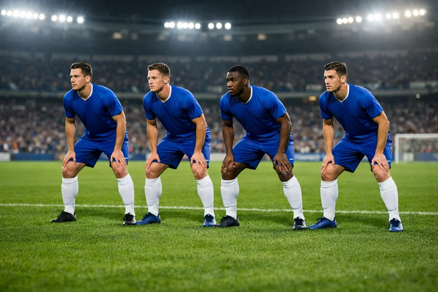 Football defenders forming an organised defensive line during a match