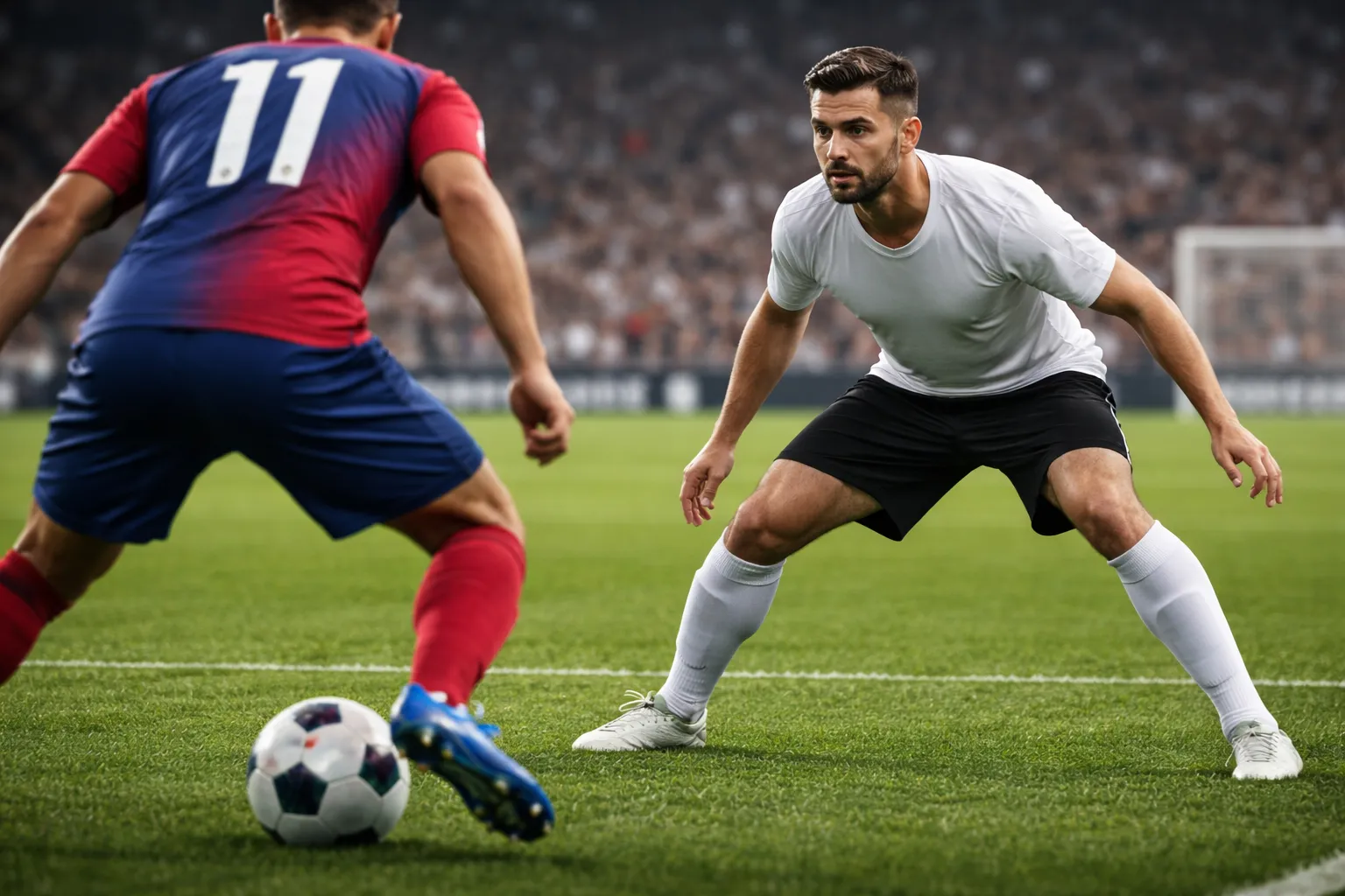 Football fullback in defensive position tracking an opponent