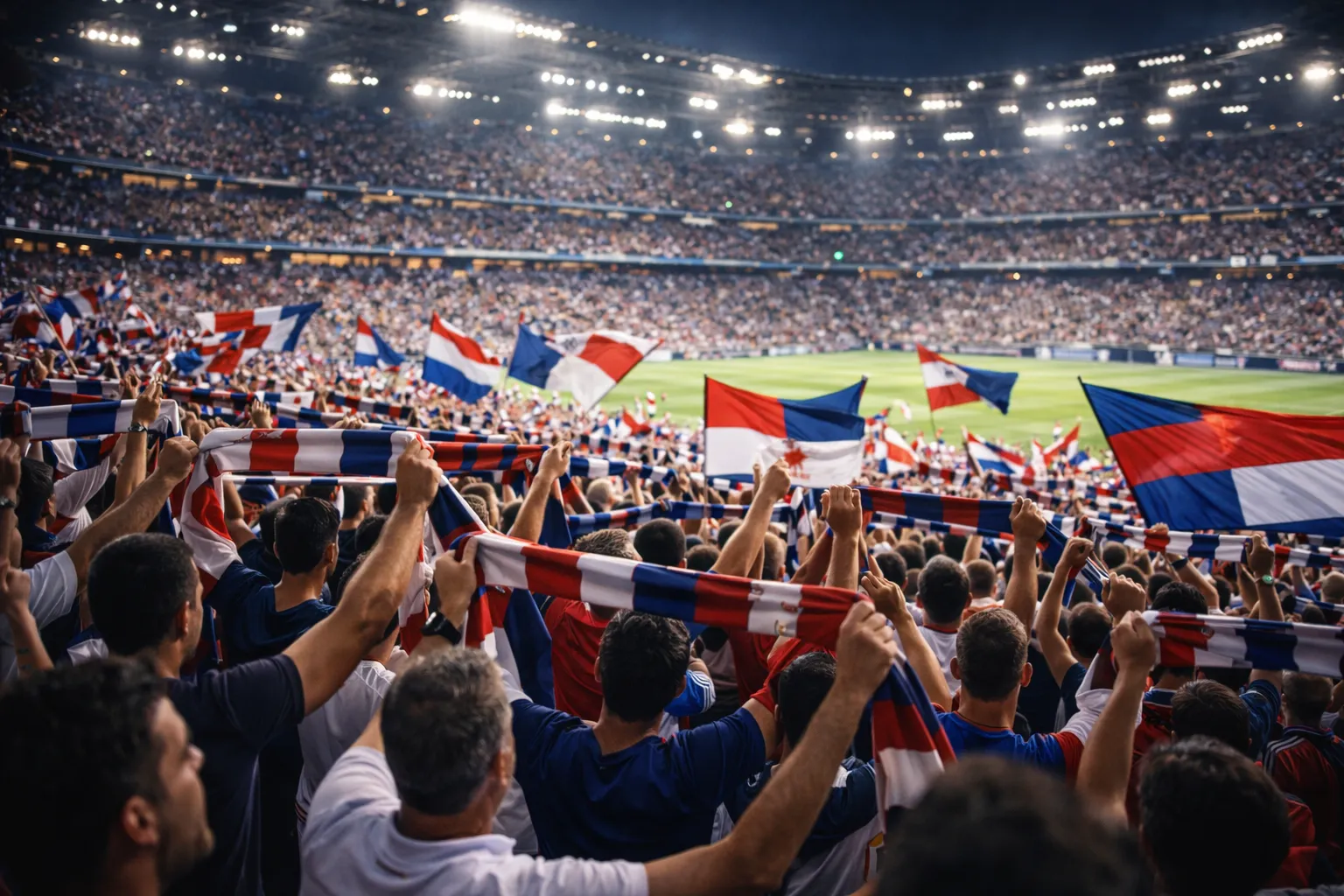 Football fans in stadium stands creating atmosphere with flags and scarves