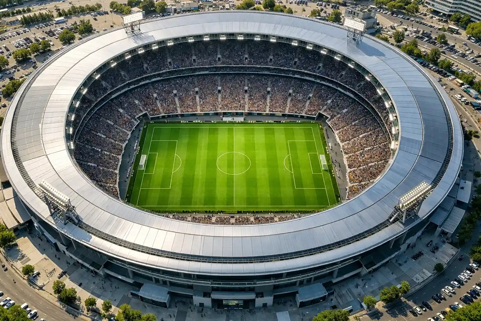 Aerial view of a modern football stadium with green pitch visible