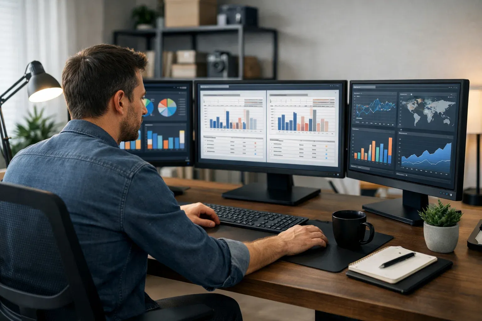 Person at desk comparing information across multiple screens