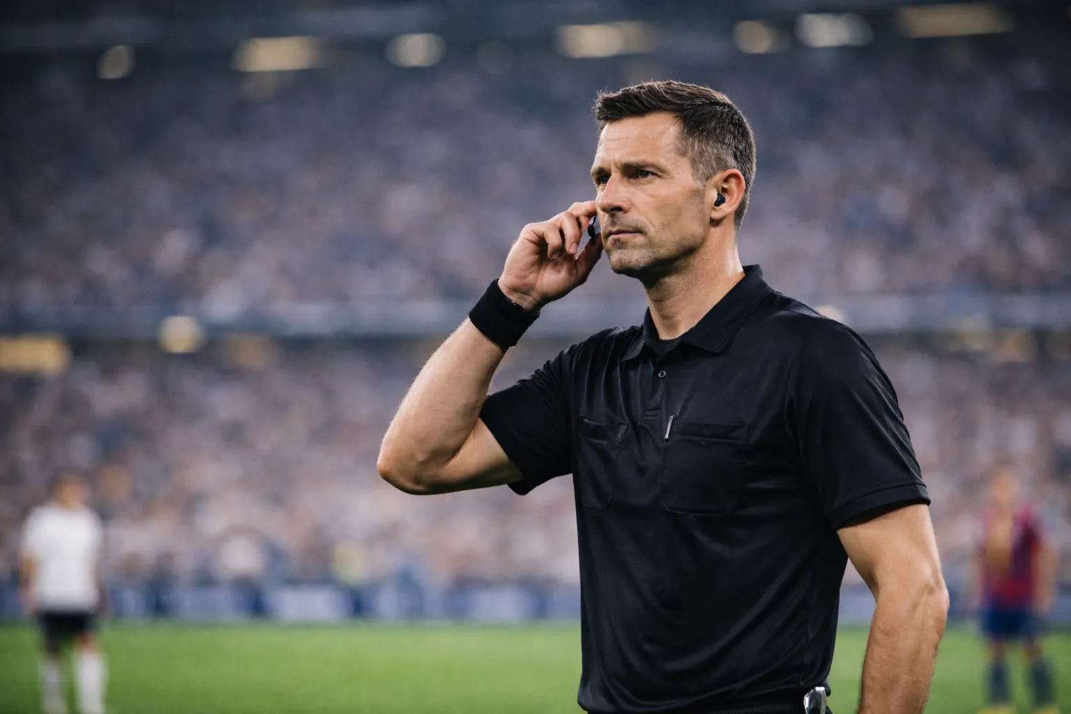Football referee making hand signal while communicating with VAR officials