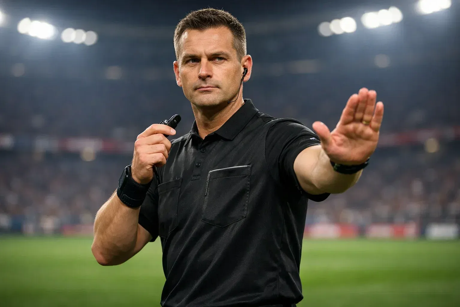 Football referee in black kit officiating during a professional match